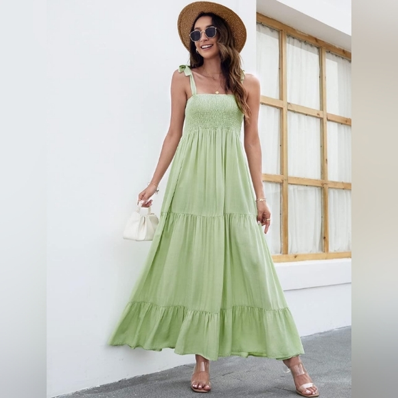 Mint Green Maxi Tiered Boho Dress Shoulder Ties Long Flowy Bohemian Tie Sundress - Picture 7 of 13